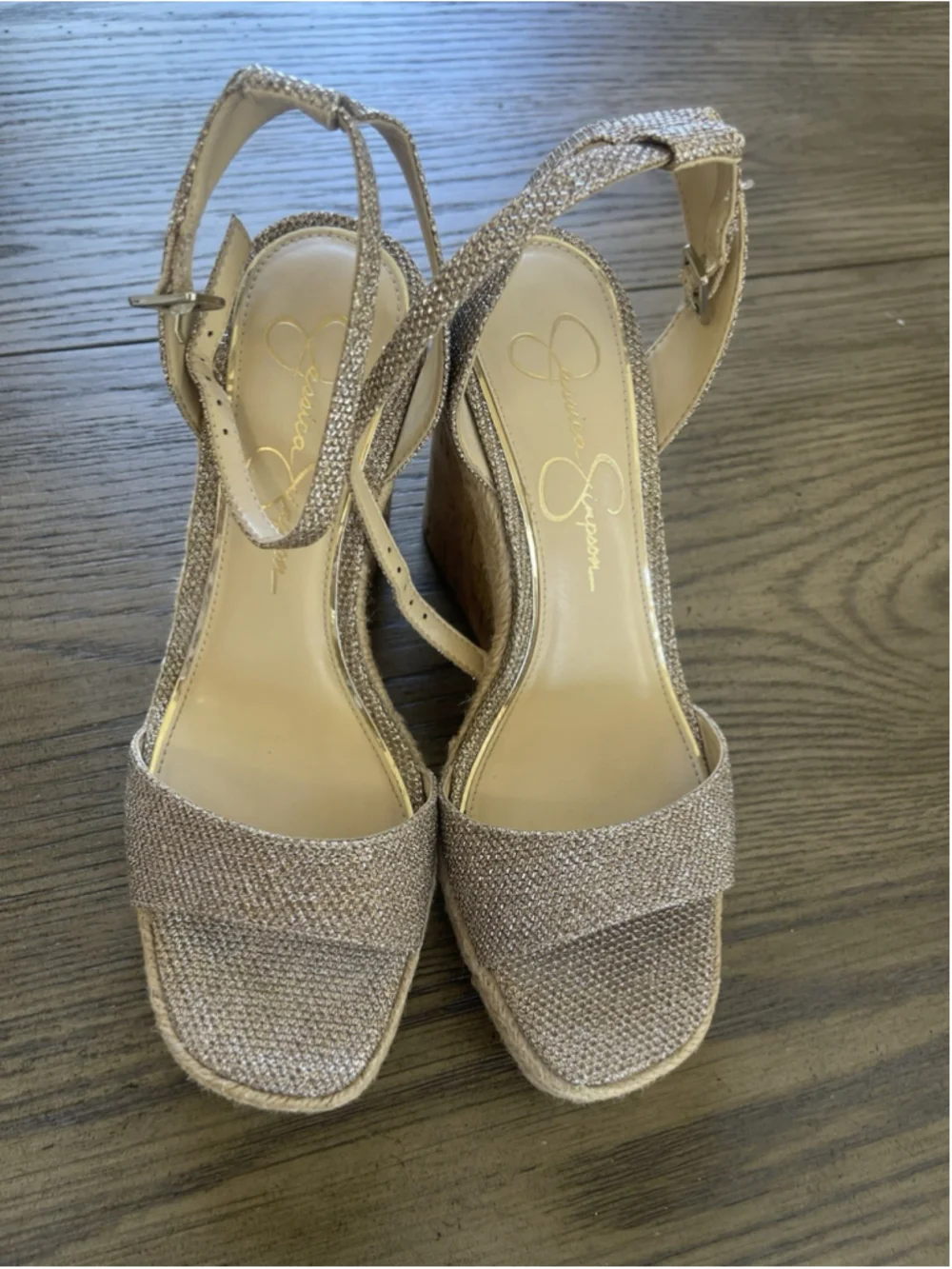 Jessica Simpson Women’s Beige Glitter Wedge Sandals Ankle Strap Buckle 7.5